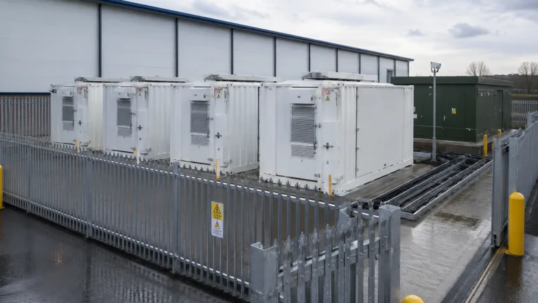 Containerised battery units behind palisade fencing beside a substation and an industrial unit