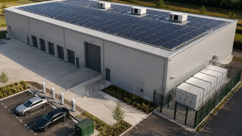 Industrial unit carrying rooftop solar, roof plant, a battery compound and EV chargers together