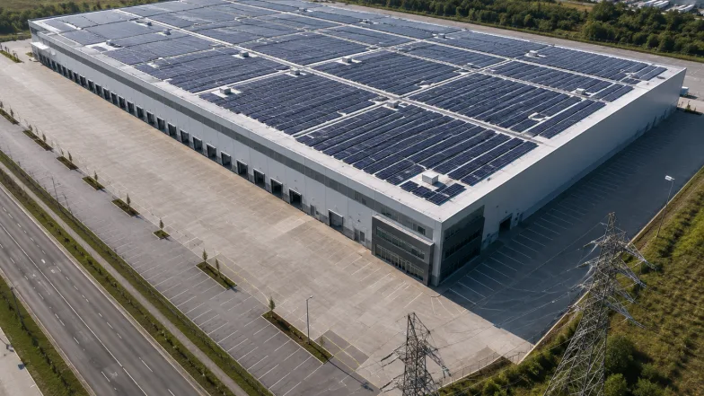 Fully covered solar roof above an empty yard, with transmission pylons crossing the site boundary