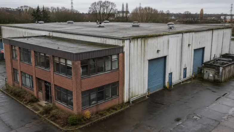 Ageing industrial unit with weathered metal cladding, a dated brick office frontage and a bare roof