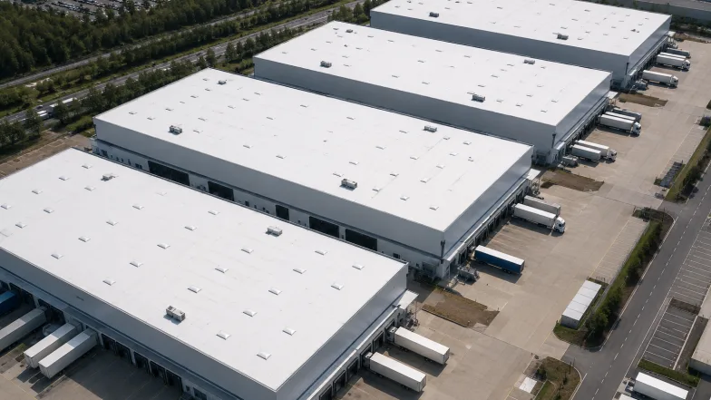 Distribution units with empty flat roofs on a logistics park