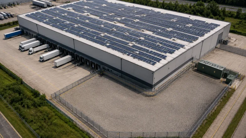 Warehouse under a full rooftop solar array, with an empty fenced compound beside the packaged substation